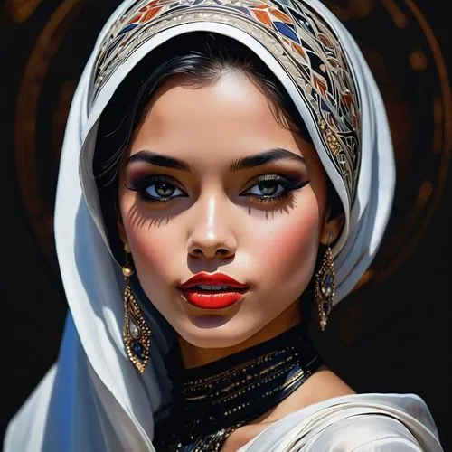 
Upper body photo of a young woman, she wear a black hijab with beautiful ornaments, a short tight dress,
 very glossy skin, smile, big eyes, perfect lips, sexy eyes, sexy dark make up, Fantasy art, d