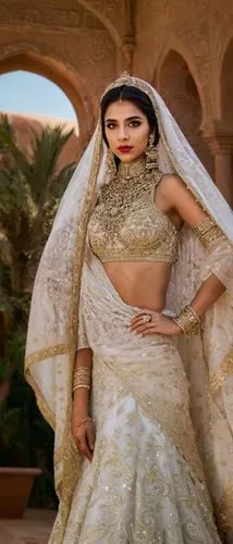 a woman in a white bridal dress with gold detailing,bridal dress,golden weddings,bridal jewelry,bridal gown,sarees,begum,bridal,wedding saree,raw silk,sun bride,the bride,wedding frame,maharani,bride,