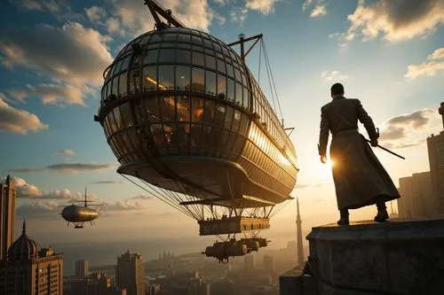 an artist at the top of a building looks down on a  air balloon,airship,airships,cable car,air ship,cable cars,sky city,above the city,fantasy city,high-wire artist,sci fiction illustration,metropolis