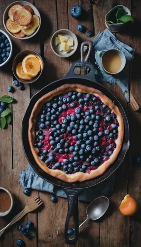 Blueberry Dutch Baby From the Cookbook 'First We Eat' by Eva Kosmas Flores,fruit pie,dutch baby pancake,blackberry pie,quark tart,blueberry pie,mystic light food photography,bowl of fruit in rain,bowl