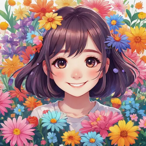 Design a cute anime wallpaper featuring colorful flowers and a smiling cute character.,floral background,flower background,colorful floral,sea of flowers,girl in flowers,japanese floral background,bea