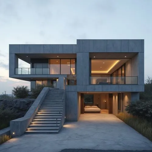 A hyper-realistic, high-resolution architectural photograph capturing a striking, multi-level contemporary home constructed primarily from smooth, exposed concrete. The design is characterized by dram