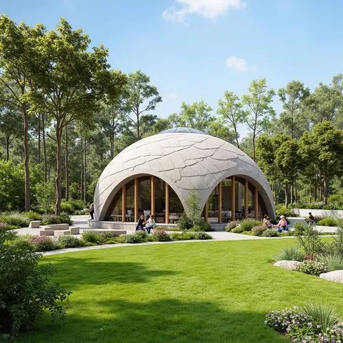 1. Forma general del domo:

Estructura semi ovalada con textura entrelazada en patrón de trenzado, hecha de concreto tipo concreto impreso en 3D. 100 mts2. máx. 10 metros de altura

El entorno es un p