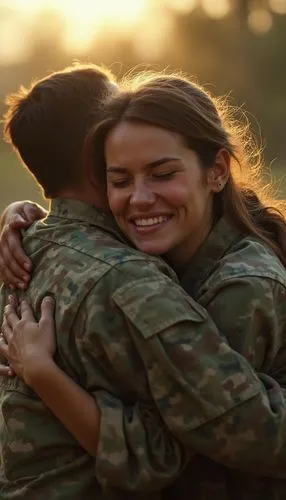 irst person view, emotional woman hugging a soldier in camouflage uniform, sorrowful goodbye, tearful expression, no visible smile, golden hour lighting, dramatic farewell, cinematic realism, natural 