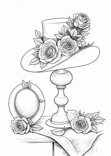Эскиз кутюрье    шляпа на подставке для обложки журнала мод  ,teacup arrangement,place setting,table setting,place cards,table arrangement,table decoration,flower line art,tea service,carnation colori