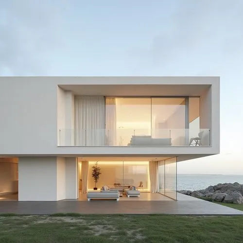  ,a white modern house overlooking the water with chairs in front,dunes house,cubic house,cube house,modern house,siza,beach house,modern architecture,cantilevers,frame house,cantilevered