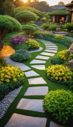 Modern landscape architecture, grand villa, luxurious garden, evening time, warm golden lighting, sunset glow, tranquil atmosphere, rolling hills, lush green grass, various ornamental plants, vibrant 