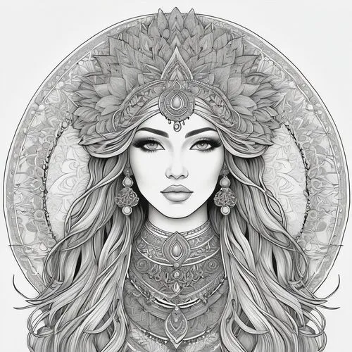 Highly intricate black and white line art, goddess portrait coloring page with mandala elements. Symmetrical frontal portrait of a serene woman with long, flowing hair. She wears an extremely elaborat