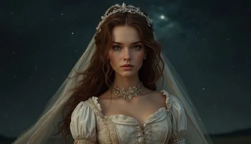 A detailed oil painting: An intense portrait of a woman in a 17th century dress, her brown hair cascading down the sides, while a white veil drapes over her feet. The figure's intensity is highlighted