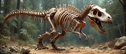 a large t - rexaur is walking in the forest,dinosaur skeleton,gryposaurus,oligocene,maiasaura,pelycosaurs,aetosaurs,futalognkosaurus,phytosaurs,tirannosaurus,pliocene,gorgosaurus,thecodontosaurus,eora