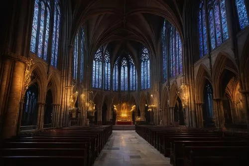 Gothic cathedral, grandiose, intricate stone carvings, ribbed vaults, flying buttresses, stained glass windows, pointed arches, ornate sculptures, gargoyles, statues of saints, dramatic lighting, warm