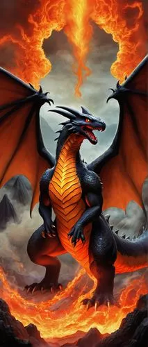 Charizard, dragon, Pokémon, fiery orange scales, wings spread wide, powerful legs, claws extended, intense gaze, fiery breath, volcanic landscape, lava flows, smoke clouds, misty atmosphere, low-angle