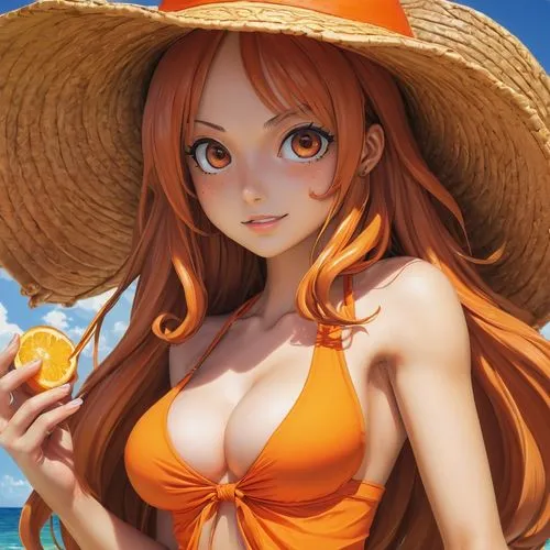 8k, masterpiece, ultra high quality, nami from one piece, orange bikini, strawhat, big round eyes, ,a woman wearing a straw hat while holding an orange,straw hat,one piece,coconut hat,orange,straw hat
