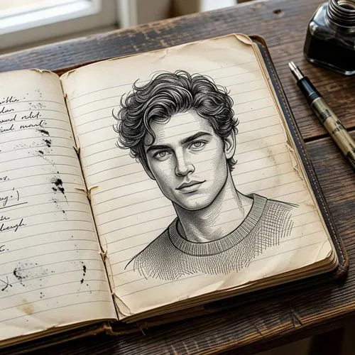A beautifully rendered black-and-white pen and ink sketch of a captivating young man graces the pages of a worn, vintage notebook. The charming subject has a striking jawline and enigmatic eyes that s