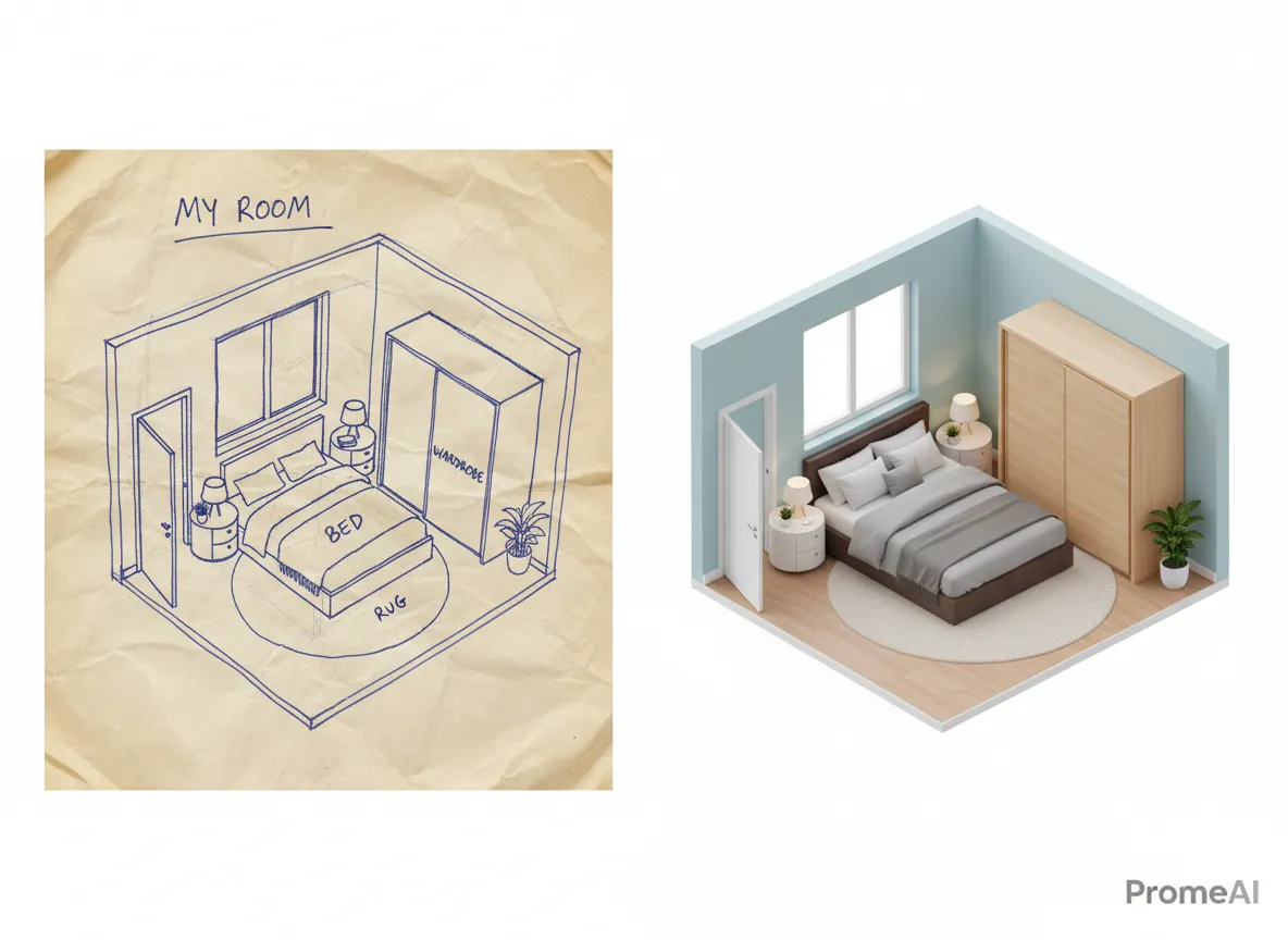 Confronto affiancato che mostra una semplice planimetria disegnata a mano accanto a un rendering dettagliato di una stanza isometrica creata da PromeAI.