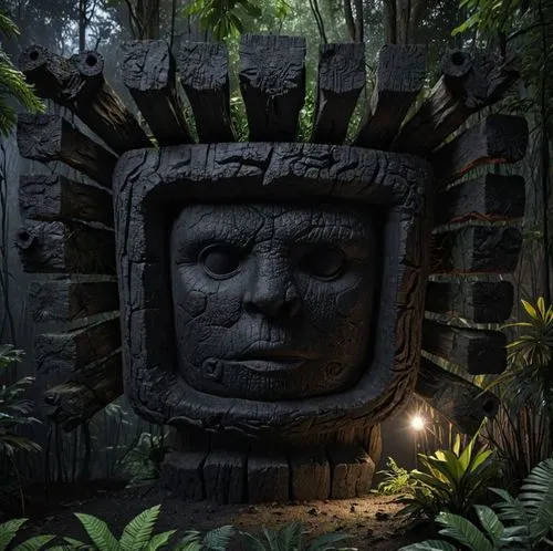 an artisticly decorated head on a carved display,carved wall,ancient icon,skull statue,wooden mask,jungle,carvings,guardian,mausoleum ruins,carved,tribal,shrine,totem,day of the dead frame,gorilla,car