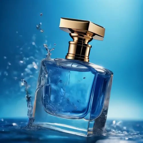 A perfume  bottle with water splashes, blue background, product video shot,perfume bottle,parfum,aftershave,perfumes,perfume bottles,creating perfume,liquid soap,natural perfume,bath oil,cologne water