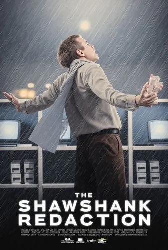 Turn The Shawshank Redemption into an office parody titled 'The Shawshank Redaction.' The main character is now a frustrated office worker, back to the sky, holding a stack of heavily redacted documen