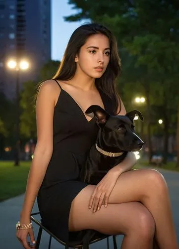 a photograph full body of a beautiful caucasian young woman 23 years old, long black hair, wearing a black minidress whit a neckline, she is sitting on a chair whit a beautiful black dog on her lap,