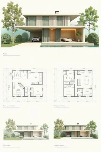 A professional architectural presentation board with a Pure background and a clean, minimalist design layout. The board includes:

Top Section: On the top left, a photorealistic render of a contempora