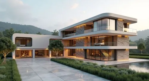 Photorealistic architectural visualization of a very luxurious, rectangular, round edges, futuristic, off-grid residential villa that has 3 floors. The residence is constructed entirely from hempcrete