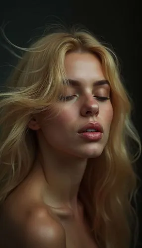An ethereal and captivating portrait: A blonde woman with abundant, vibrant hair, her eyes closed, giving air kisses. Her vibrant locks, hiding one of her eyes, add mystery and sensuality. The dark ba