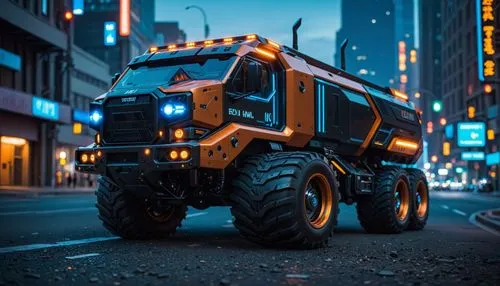 an orange vehicle is parked on the side of the street,defender,monster truck,street sweeper,big rig,off-road outlaw,off-road vehicle