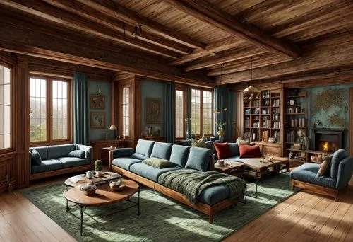 Living room with windows,loft,livingroom,living room,sitting room,wooden beams,great room,the cabin in the mountains,scandinavian style,family room,log cabin,hardwood floors,luxury home interior,inter