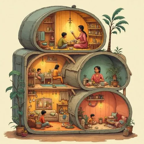 Cozy cut-section of a whimsical Indian home inspired by a tiffin box — round rooms stacked like compartments, each showing daily life scenes: a woman making chai, kids playing, laundry drying on the b