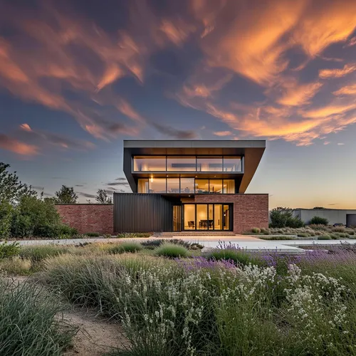 1building,the front view of a home surrounded by flowers,dunes house,snohetta,modern architecture,modern house,newhouse,texas tech,mid century house,cube house,gilcrease,ruhl house,nmsu,visitor center