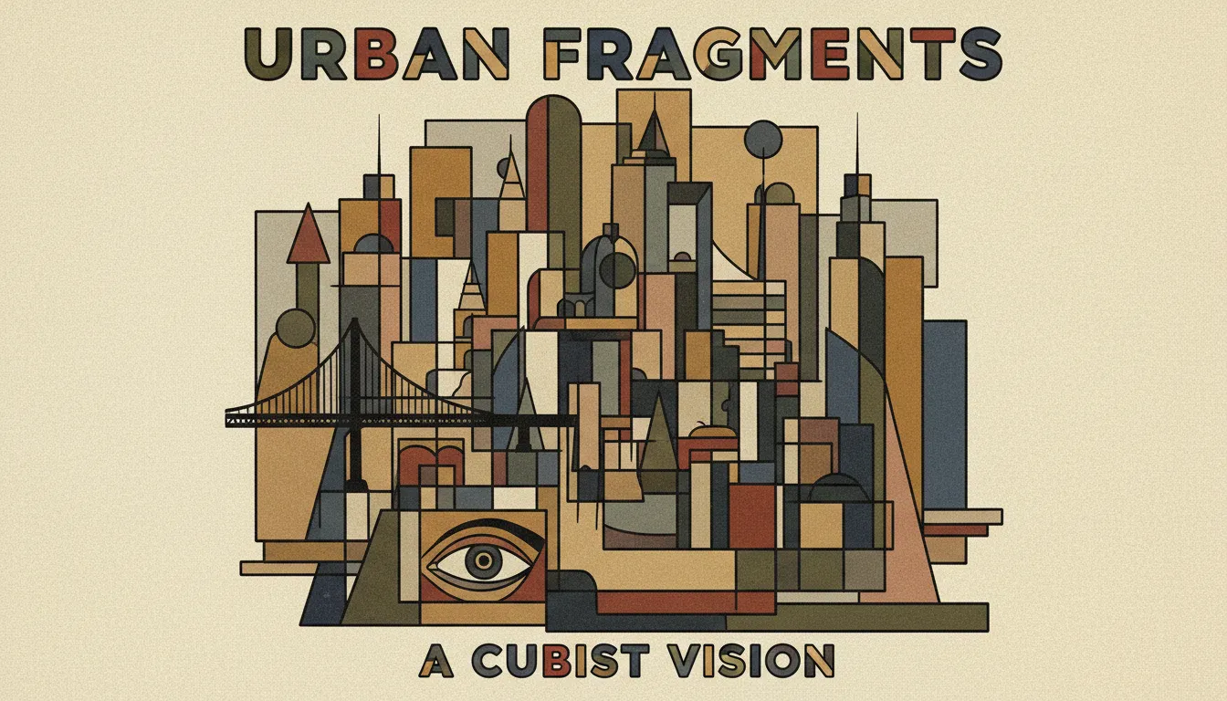 Un manifesto generato dall'IA in stile cubista, che mostra una vista frammentata dello skyline di una città con piani geometrici sovrapposti e una palette di colori tenui.