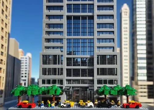 New York City skyscraper, LEGO 21028 architecture model, modern, sleek, glass, steel, concrete, detailed windows, intricate stone carvings, towering high-rise building, bustling metropolitan area, sun