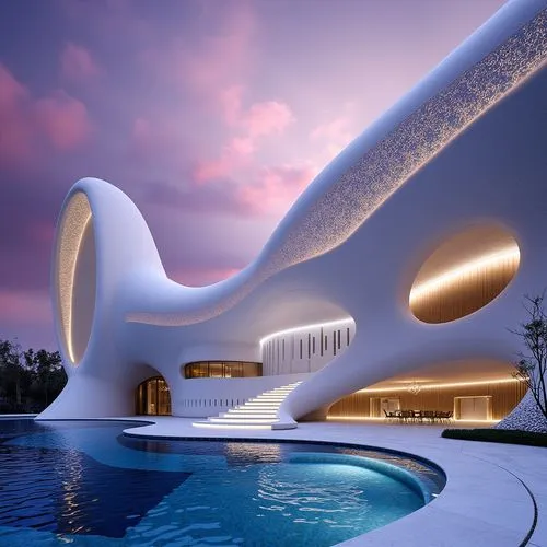 1.084 / 5.000
Design a futuristic home with evolved aesthetics, generative curved shapes and advanced parametric geometries. The design should emphasize parametric repetitive patterns in elements such