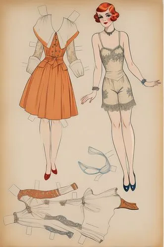 Vintage Paper dolls 1920s women in  shirt,  lace  french knickers with  shoe standing with a set of elegant 1920s dress full color colorful 1920s fashion 1920s clothing,vintage paper doll,retro paper 