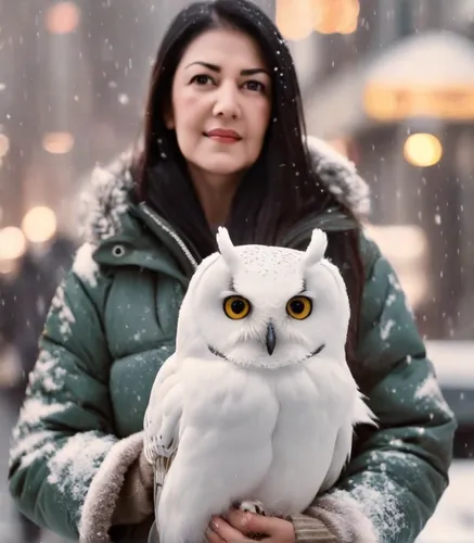 Woman with white owl,snow owl,snowy owl,owl-real,owl nature,owl background,hedwig,kawaii owl,the snow queen,owl,eternal snow,large owl,snowy,reading owl,christmas owl,yasemin,owls,azerbaijan azn,winte