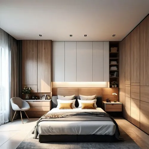 This room exemplifies minimalist aesthetics with its clean lines and neutral colors. The use of tile flooring for the floor and the wardrobe complements the overall warm and inviting ambiance of the s