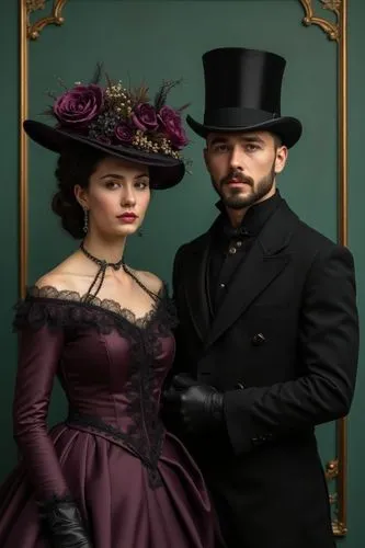 Photorealistic studio portrait of an aristocratic family from the late Victorian or early Edwardian era, posed formally against a solid, muted teal green backdrop framed by subtle gold picture frame e