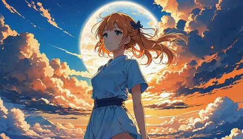(masterpiece), best quality, a girl looking to the horiont, golden sky, gorgeous clouds, beautiful sky, amazing view, stunning view, landscape, breath taking image, perfect light, traced light through