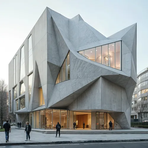 An avant-garde approach featuring bold, geometric shapes and asymmetry, with a strong emphasis on innovation and functionality,two people walk past a building designed like an r v,libeskind,bocconi,bj