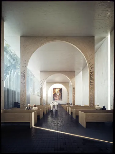 interior of the Church ,a picture of some benches and benches that are all in a row,colonnade,colonnades,undercroft,lubitel 2,underpasses,train station passage,underpass,breezeway,enfilade,peristyle