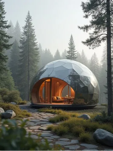 photo of modern futuristic minimalist zen dome tiny house,a glass dome surrounded by trees and stone path,cubic house,electrohome,earthship,round hut,teardrop camper,roof domes