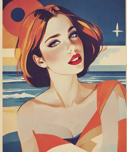 A beautiful woman sits on the sea beach against the backdrop of sand and sea. The weather is sunny.,art deco woman,travel poster,italian poster,retro pin up girl,retro woman,retro women,retro girl,pin