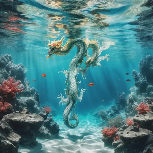 under the sea, clear water, Chinese dragon,underwater landscape,underwater background,sea-life,merfolk,sea life underwater,god of the sea,underwater world,sea-horse,sea horse,sea animal,ocean underwat