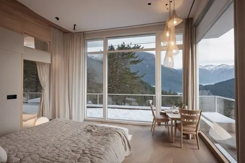 house design mountain, Bedroom with huge floor-to-ceiling windows,bedroom window,chalet,window treatment,modern room,snowhotel,the cabin in the mountains,alpine style,mountain hut,house in the mountai