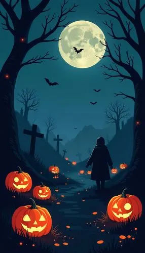 halloween wallpaper,
A graveyard with glowing pumpkins and ghostly figures, a Halloween-themed wallpaper for a mobile phone background, beautiful, good vibes,halloween, in the style of halloween, illu