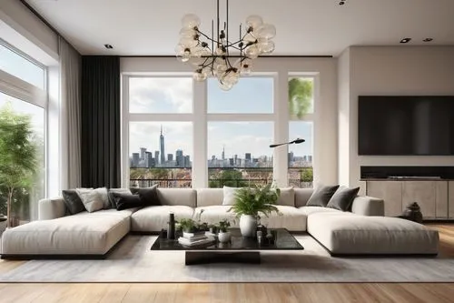 Modern luxury living room, interior design sample board, 3D visual, wooden floor, cream-colored walls, floor-to-ceiling windows, cityscape view, sleek black TV stand, minimalist coffee table, plush se