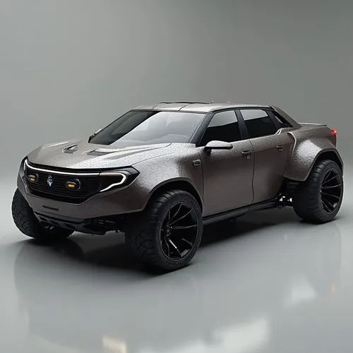 A high-performance electric pickup truck with a futuristic industrial aesthetic, the format is like a van. Its exoskeleton is made of brushed titanium, with retractable storage compartments and tools.