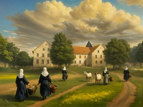 fix and adjust nun's feet and shoes, Evenly add short field grass and small wild flowers to the foreground, several gray geese with yellow chicks, image style: oil painting.,an oil painting of people 