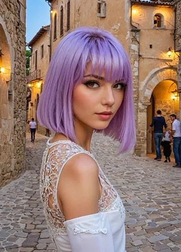 beautiful charisma,an image of a girl with purple hair,lavender blush,violet head elf,violet,mauve,purple skin,violet eyes,light purple,natural cosmetic,white with purple,lilac,lavender,white purple,v