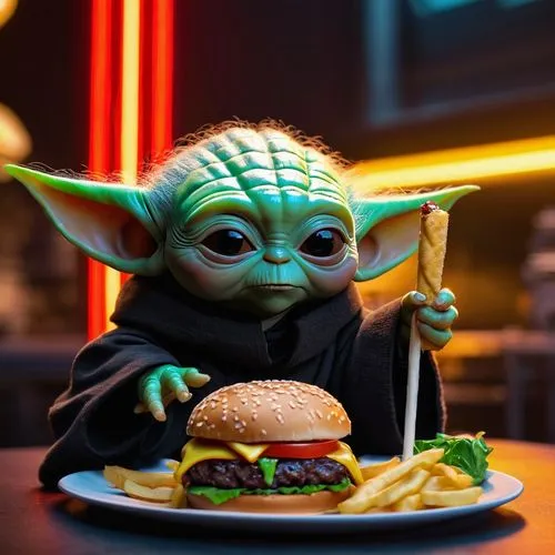 Realistic baby yoda with palpatine from Star wars  eating burger poster parody post production, Sony Alpha IV, Kodak Color 35mm, in the style of 32K raw, UHD.


,a star wars action figure poses with a